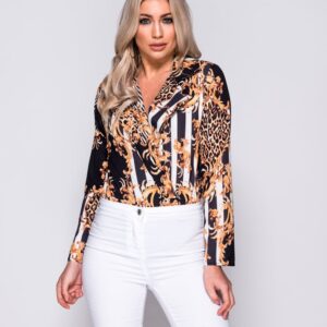 unique Modest Stylish Leopard Print Striped Long Sleeve Bodysuit high quality women fashion kläder