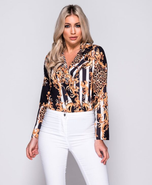 unique Modest Stylish Leopard Print Striped Long Sleeve Bodysuit high quality women fashion kläder