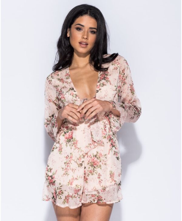 Pink Floral Print Tie Front Playsuit - Bild 3