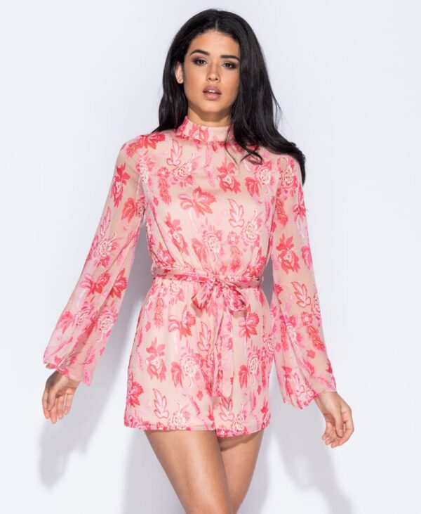 Pink Floral Print High Neck Playsuit - Bild 2